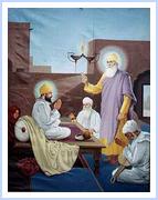 Guru Angad being bestowed with Guruship by Guru Nanak 