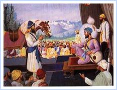 Guru Hargobind had asked his Sikhs to bring weapons and horses to him so as to strengthen his army. Here a Sikh brings a horse in His darbar.