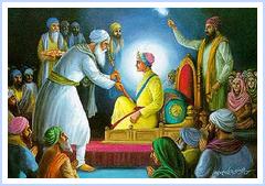 Baba Budha Ji handing over the Gurgaddi to the young Hargobind. Here he also adorned him with two sword - one of Miri and the other of Piri.