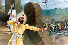 Guru Gobind Singh Ji shooting his deadly arrows at the battle of Chamkaur - where 40 Sikhs faced the mighty army of 100000 Mughal warriors. At the insistance of the Sikhs Guru Ji escaped from this impossible fortification - which in history is compared to a miracle.