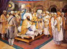 A delegate of 500 Kashmiri Brahmins led by Pandit Kirpa Ram met Guru Teg Bahadur Ji at Anandpur Sahib. Pandit Kirpa Ram told the harrowing tales of torture initiated by the orders of Aurangzeb (r. 1658-1707 AD) for converting them to Islam. Guru Ji was mentally occupied with the issue when the child Gobind Rai happened to be there and asked as to what was the matter. Guru Ji told him that the sacrifice of a Great Soul is called for. "Who else than You can serve this cause?" - was the child Gobind Rai's spontaneous reaction.